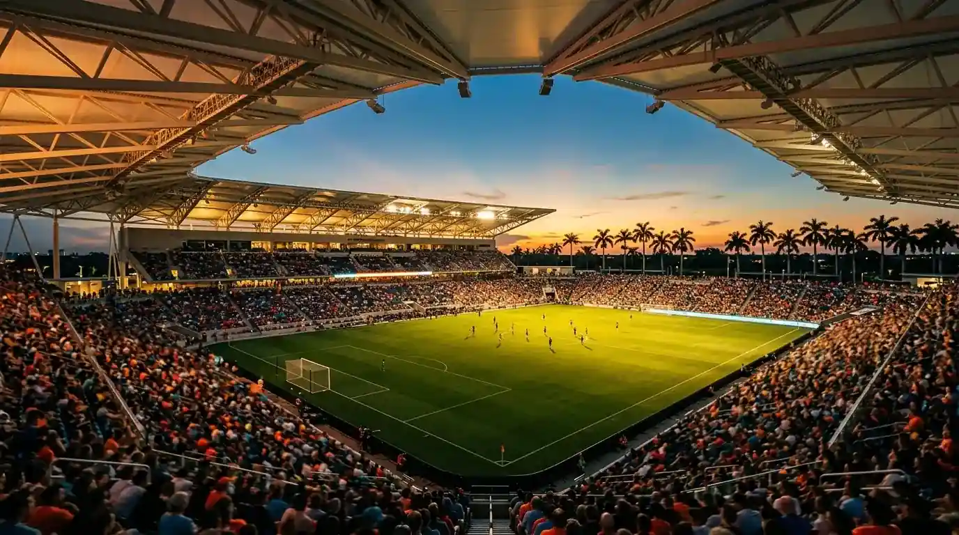Football pitch at dusk with an open-canopy stadium and warm Miami evening light