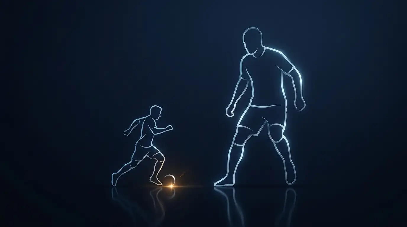 Stylised David-and-Goliath contrast between a large and a small football silhouette