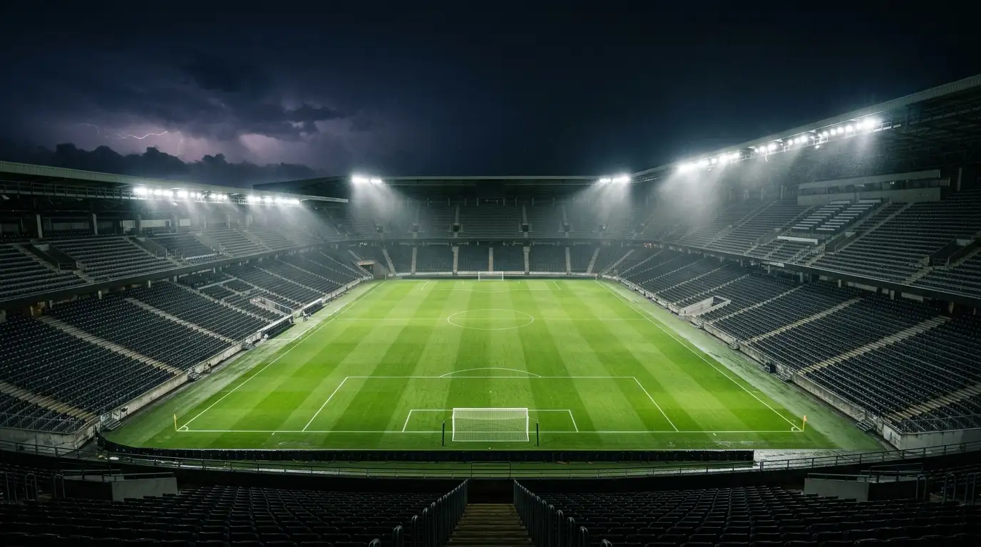 Large open-air American football stadium at night with a green pitch under floodlights