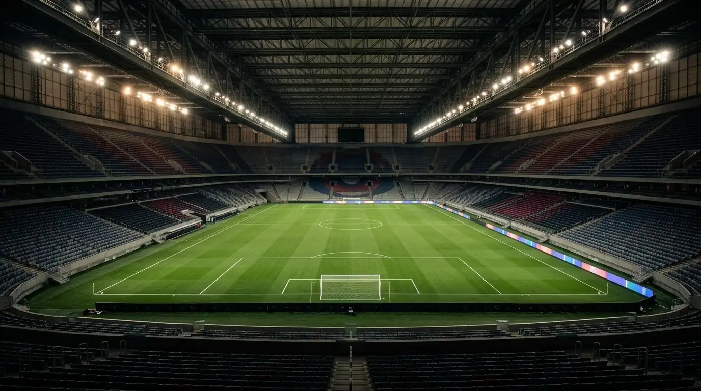 Floodlit indoor stadium pitch before a major international knockout football match