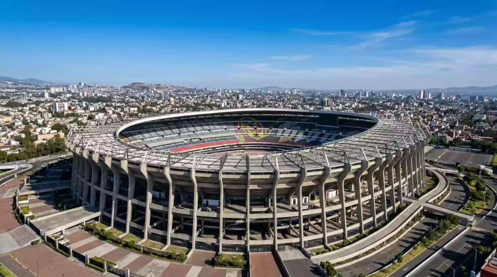 Estadio Azteca exterior view in Mexico City, historic venue for World Cup 2026 opening match
