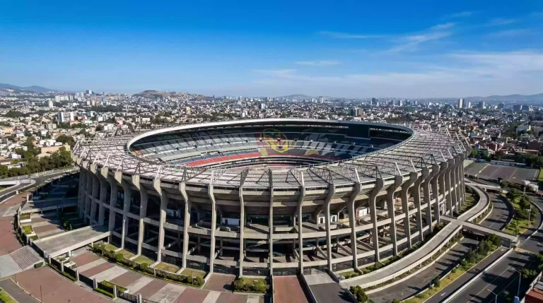 Estadio Azteca exterior view in Mexico City, historic venue for World Cup 2026 opening match