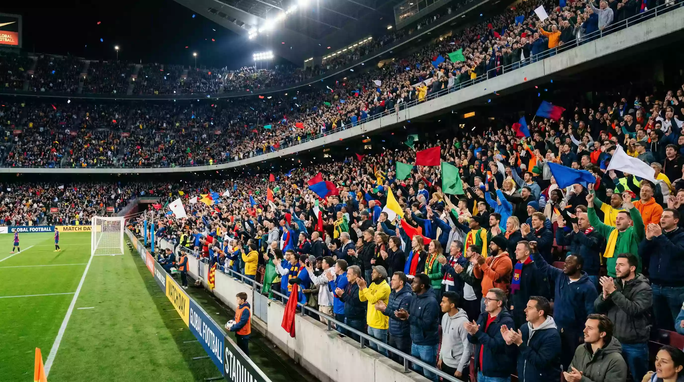 Football supporters filling stadium stands during a World Cup match atmosphere