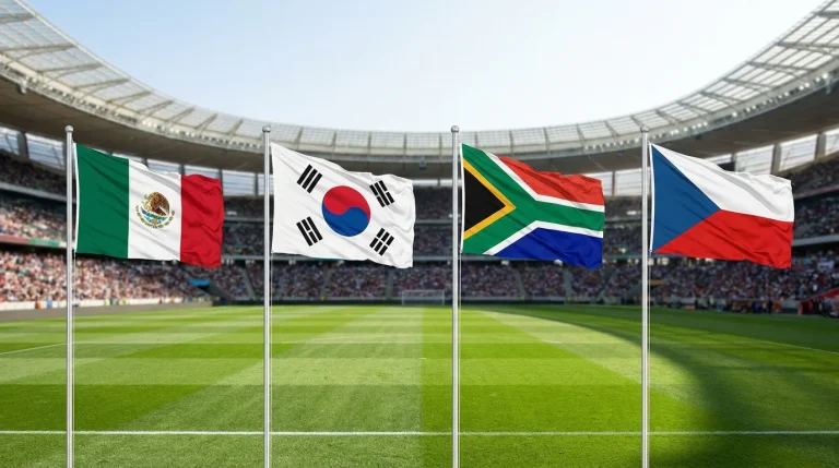World Cup 2026 Group A featuring Mexico, South Korea, South Africa and Czechia flags with tournament branding