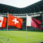 World Cup 2026 Group B featuring Canada, Switzerland, Qatar and Bosnia-Herzegovina national flags in stadium setting