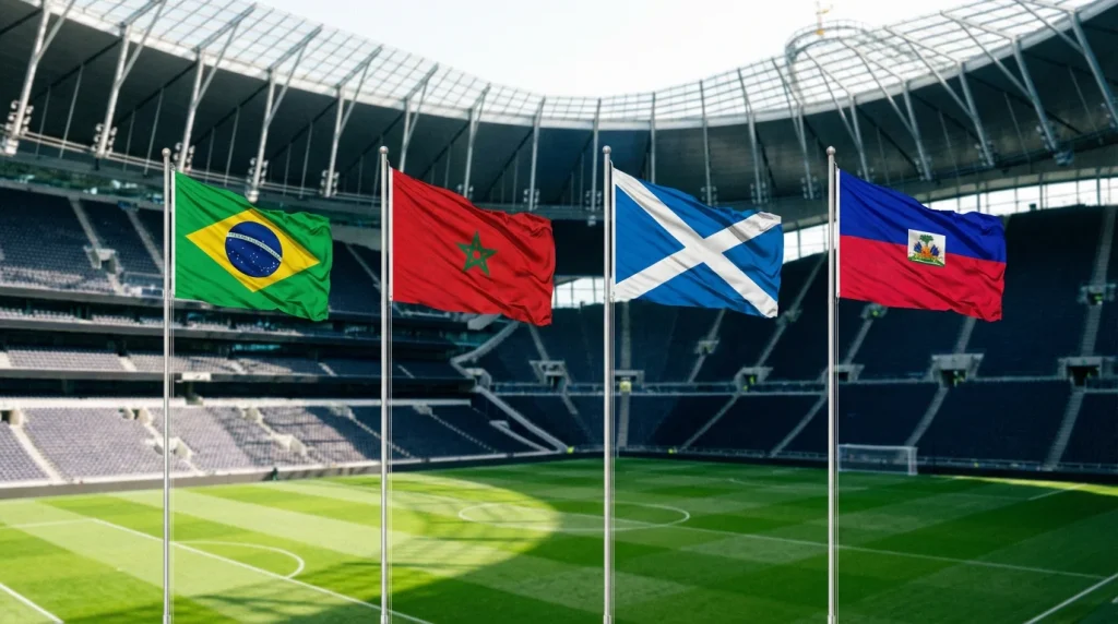 World Cup 2026 Group C featuring Brazil, Morocco, Scotland and Haiti national flags arranged against tournament backdrop