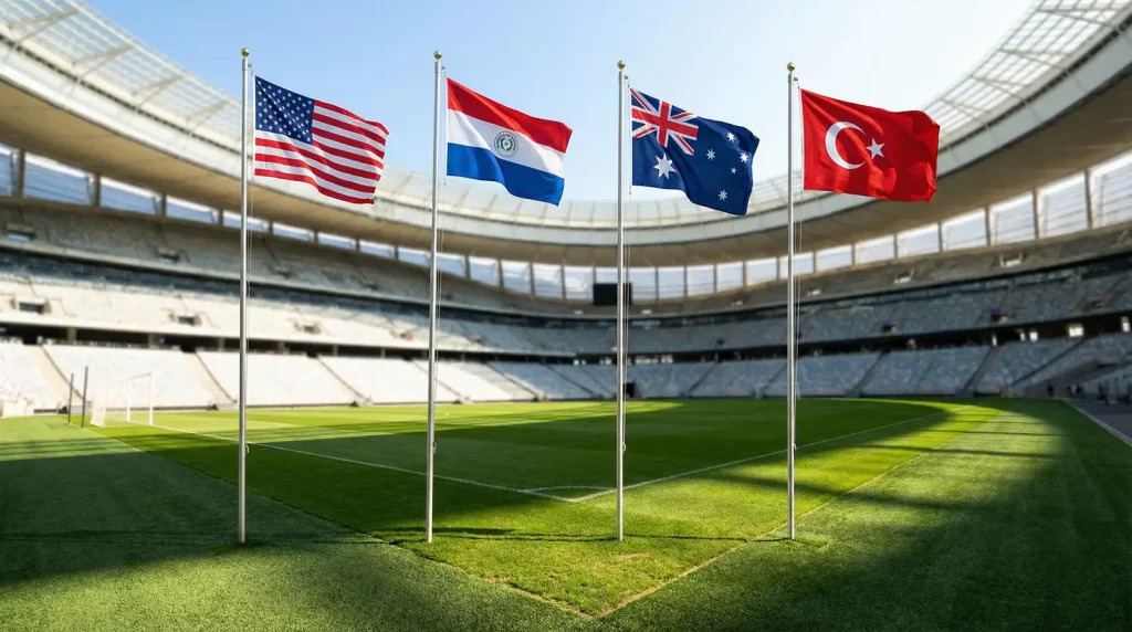 World Cup 2026 Group D featuring USA, Paraguay, Australia and Turkey national flags in stadium setting