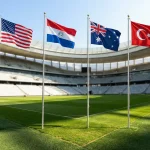 World Cup 2026 Group D featuring USA, Paraguay, Australia and Turkey national flags in stadium setting