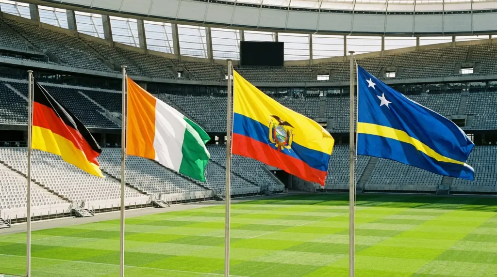 World Cup 2026 Group E featuring Germany, Ivory Coast, Ecuador and Curaçao national flags in stadium setting