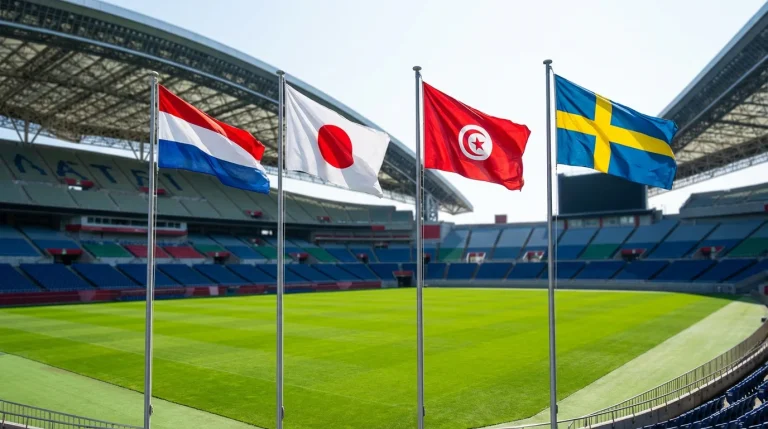 World Cup 2026 Group F featuring Netherlands, Japan, Tunisia and Sweden national flags in stadium setting
