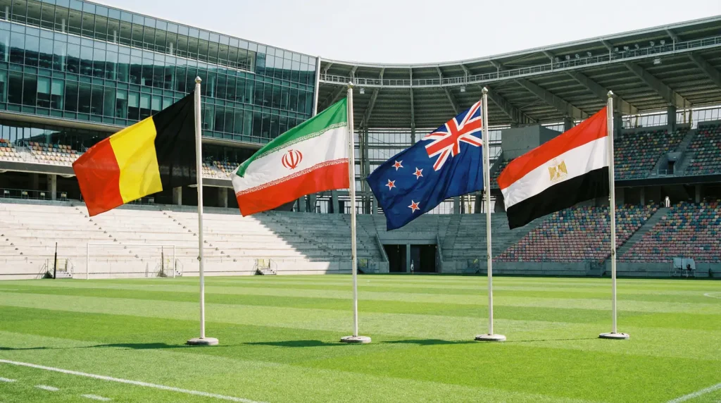 World Cup 2026 Group G featuring Belgium, Iran, New Zealand and Egypt national flags in stadium setting