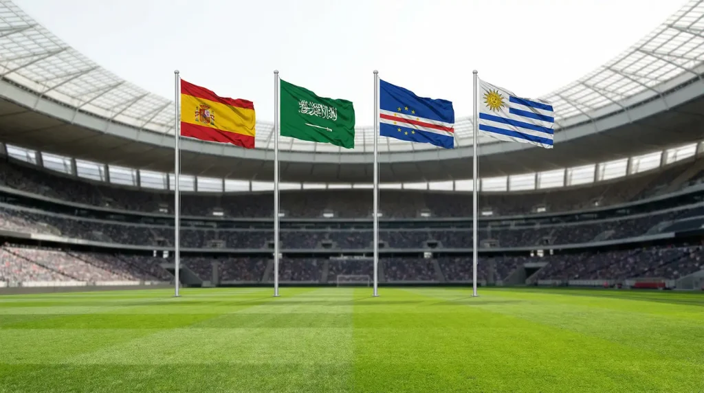 World Cup 2026 Group H featuring Spain, Saudi Arabia, Cape Verde and Uruguay national flags in stadium setting