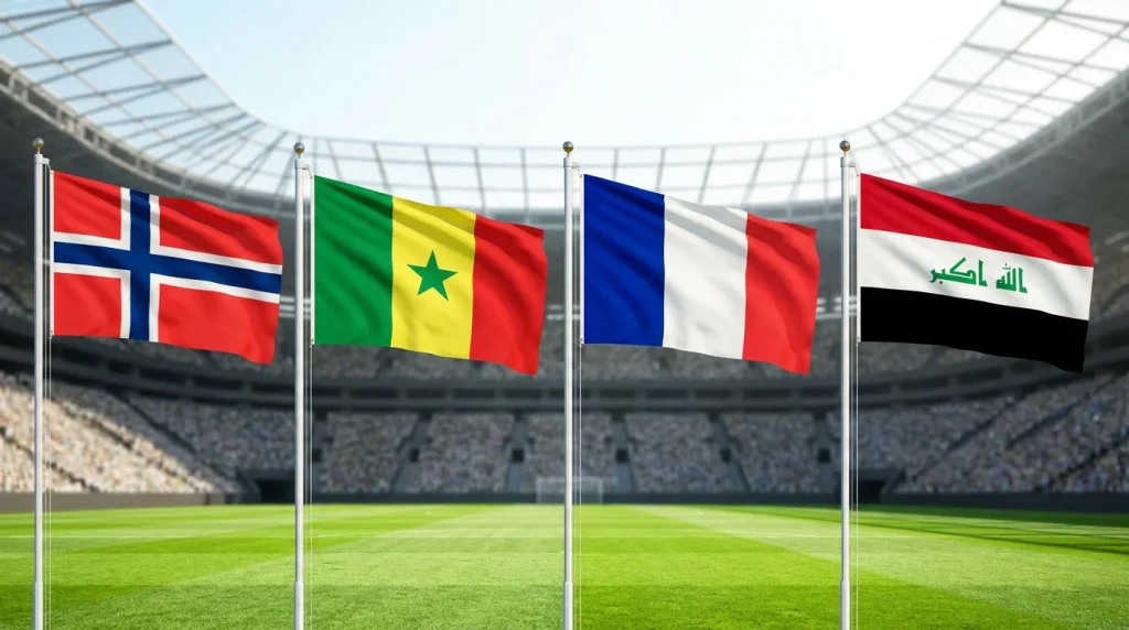 World Cup 2026 Group I featuring Norway, Senegal, France and Iraq national flags in stadium setting