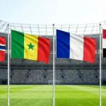 World Cup 2026 Group I featuring Norway, Senegal, France and Iraq national flags in stadium setting
