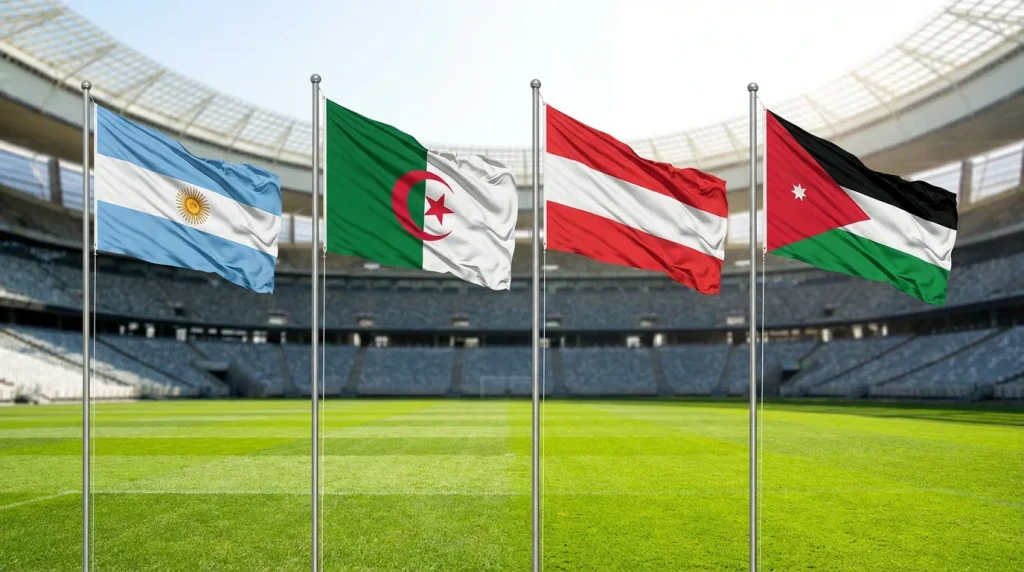 World Cup 2026 Group J featuring Argentina, Algeria, Austria and Jordan national flags in stadium setting