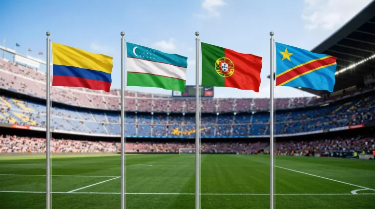 World Cup 2026 Group K featuring Colombia, Uzbekistan, Portugal and DR Congo national flags in stadium setting