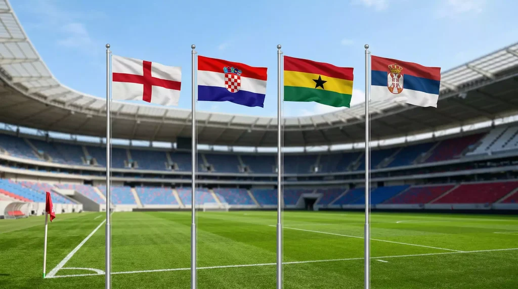 World Cup 2026 Group L featuring England, Croatia, Ghana and Serbia national flags in stadium setting