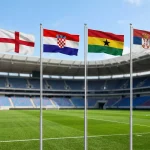 World Cup 2026 Group L featuring England, Croatia, Ghana and Serbia national flags in stadium setting
