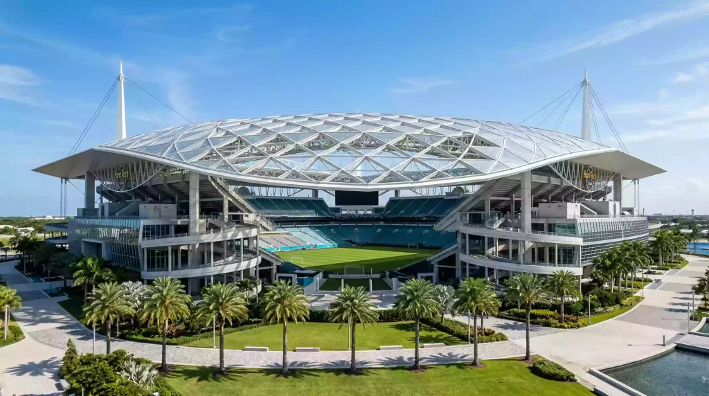 Hard Rock Stadium exterior view in Miami Gardens, Florida, venue for World Cup 2026 matches