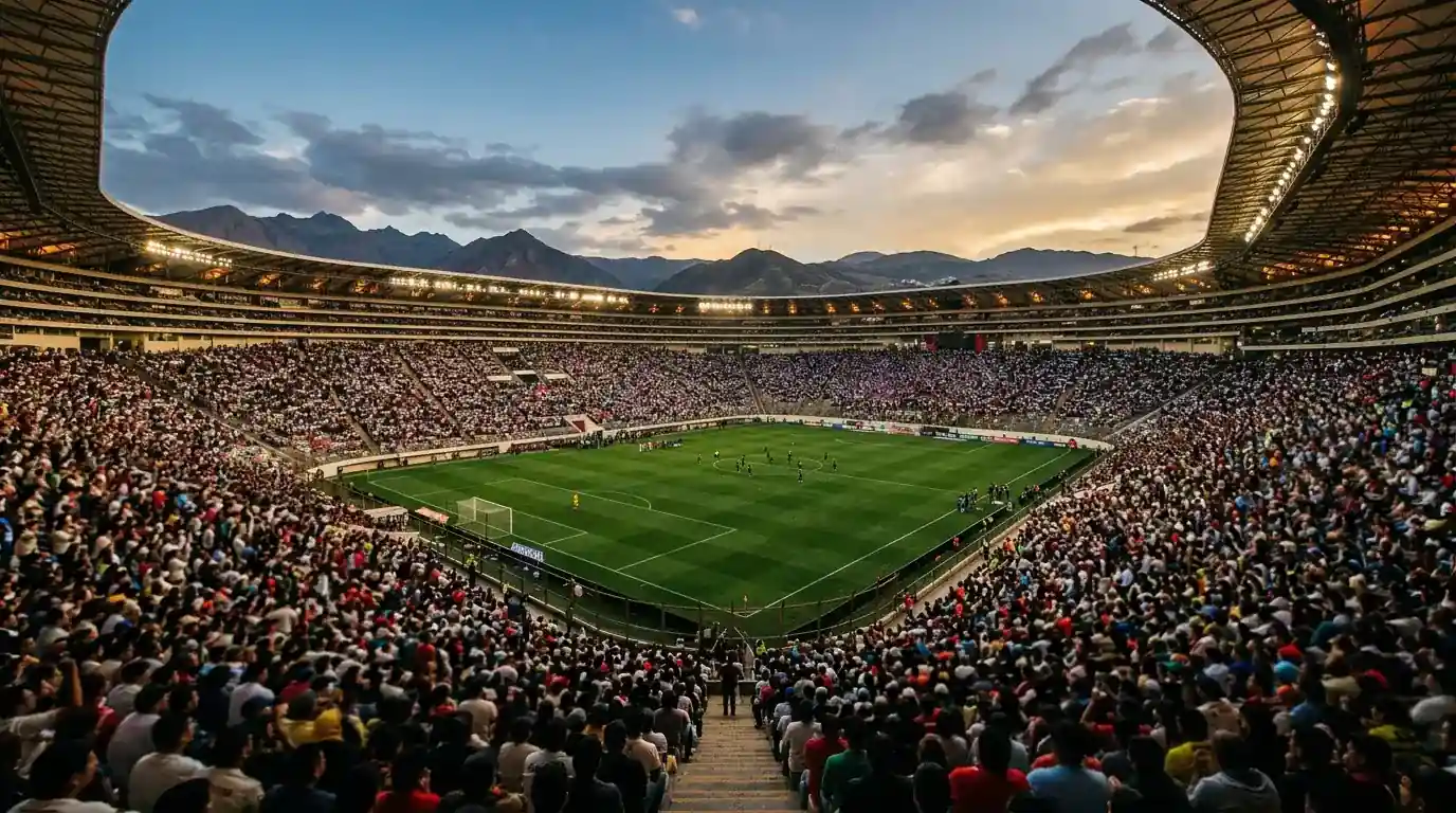 Football stadium at altitude with a large crowd under evening light