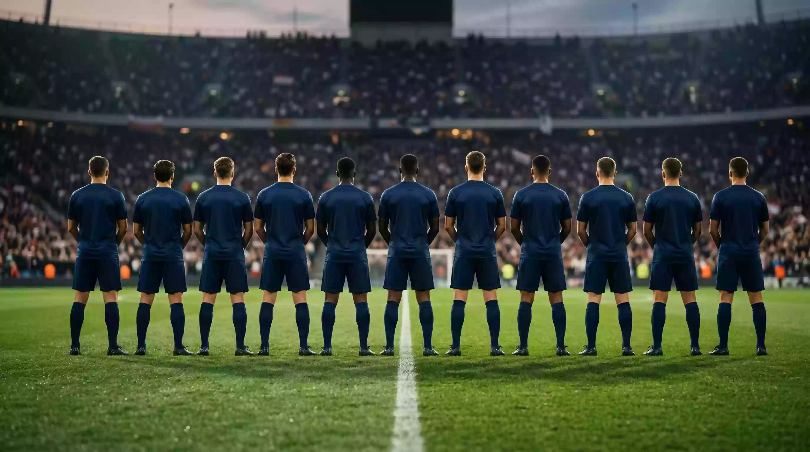National football team players lined up on the pitch before a World Cup qualifier match
