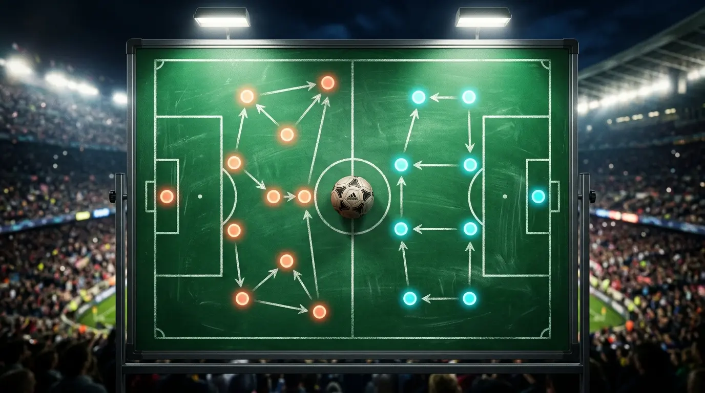 Football tactics board with two team line-ups facing off under stadium floodlights