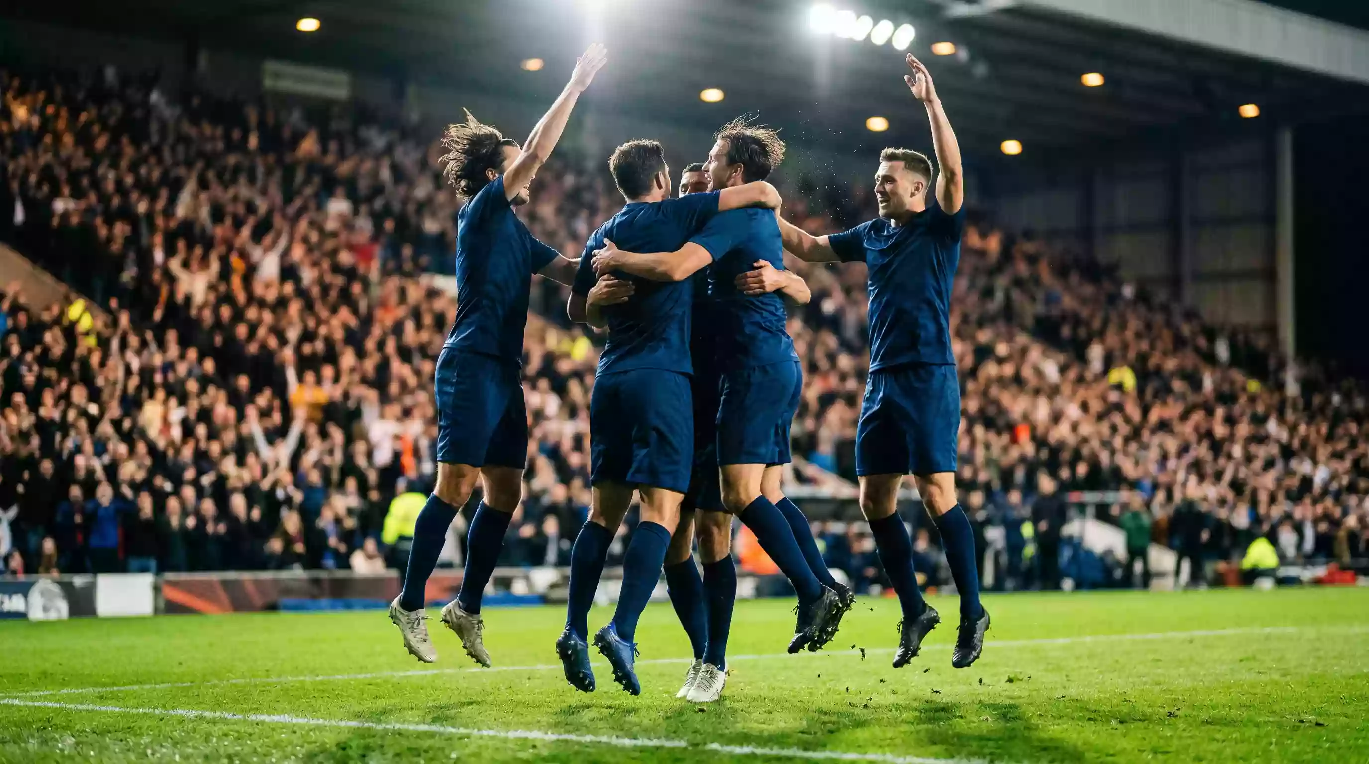 Football players celebrating a goal together during an international match