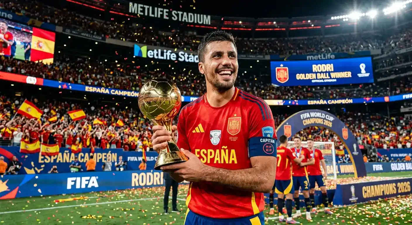 Rodri holds the FIFA Golden Ball trophy after being named the 2026 World Cup's best player