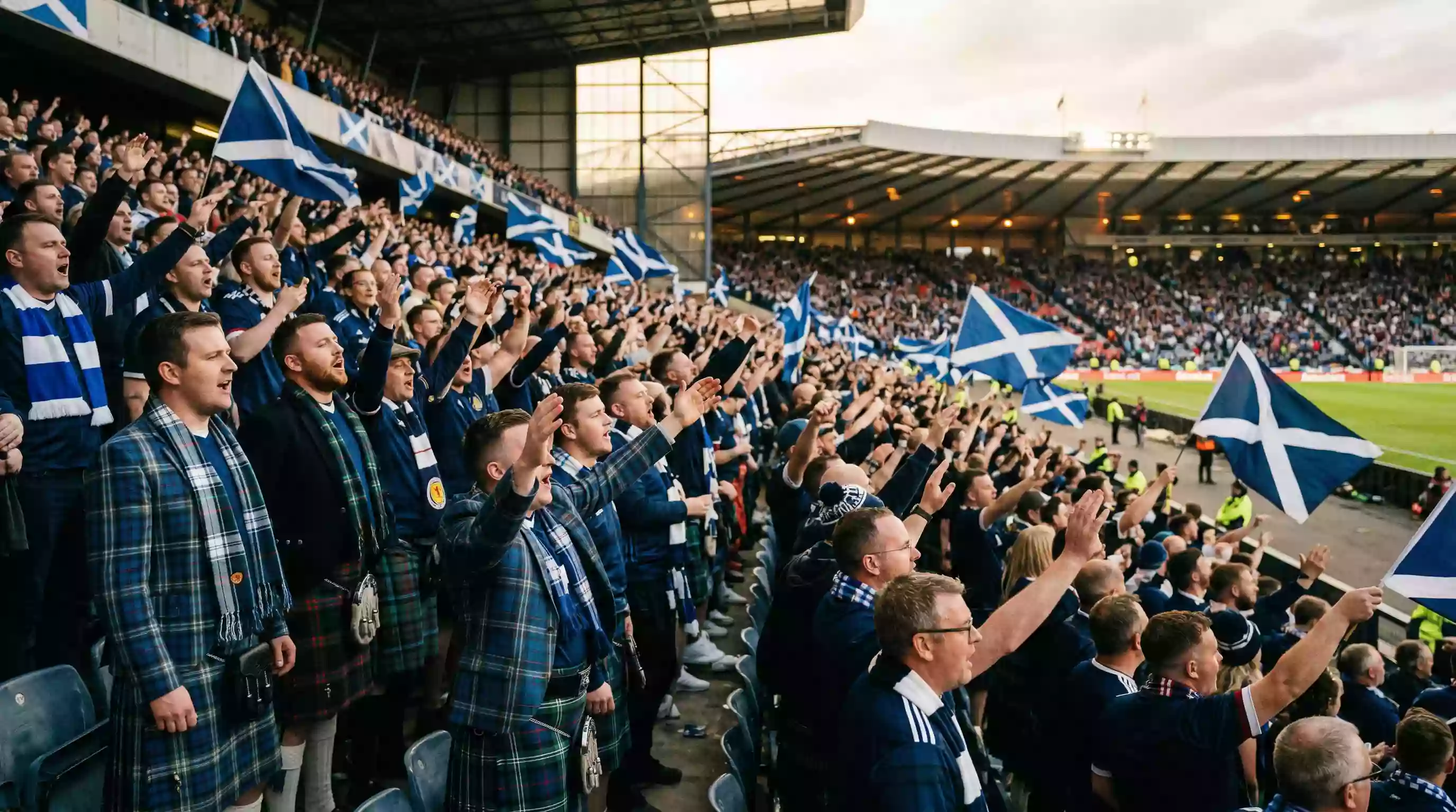 Scottish football supporters in tartan colours cheering at an international fixture
