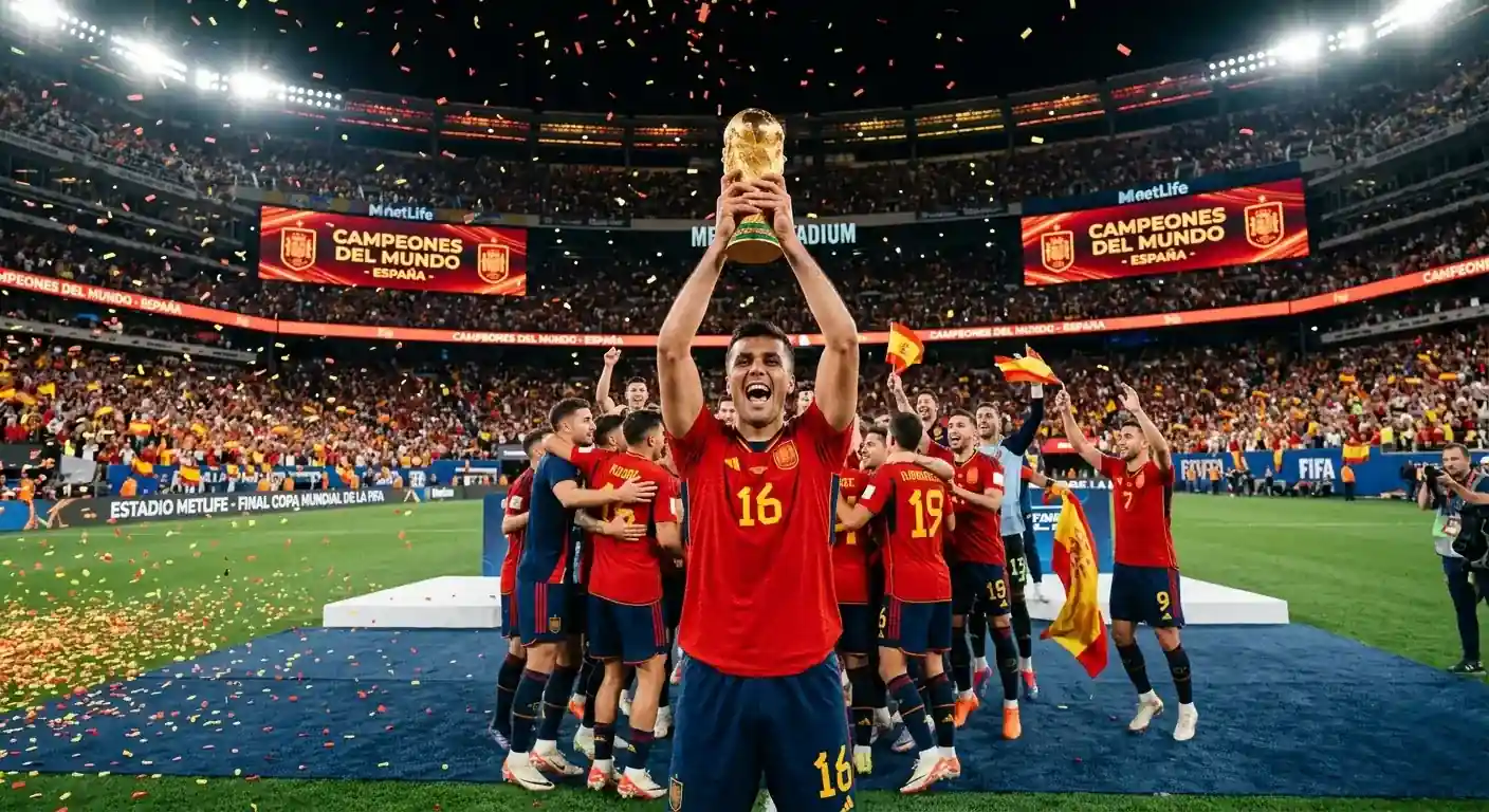 Spain captain Rodri lifts the FIFA World Cup trophy at MetLife Stadium after Spain's 1-0 victory over Argentina in the 2026 final