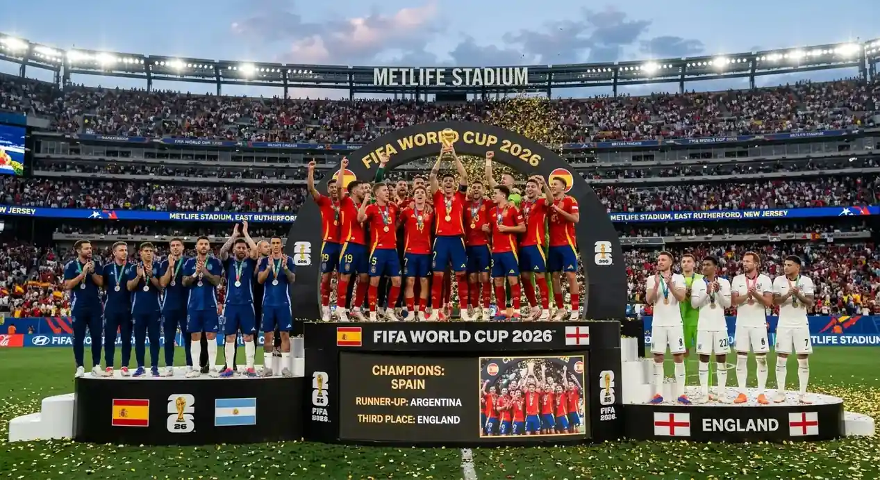 Podium showing Spain as 2026 World Cup champions, with Argentina as runners-up and England in third place