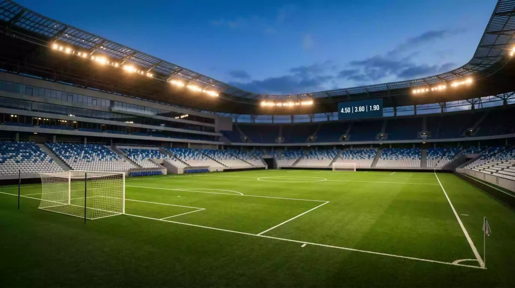 Stadium panorama with digital betting odds overlay representing World Cup 2026 wagering markets