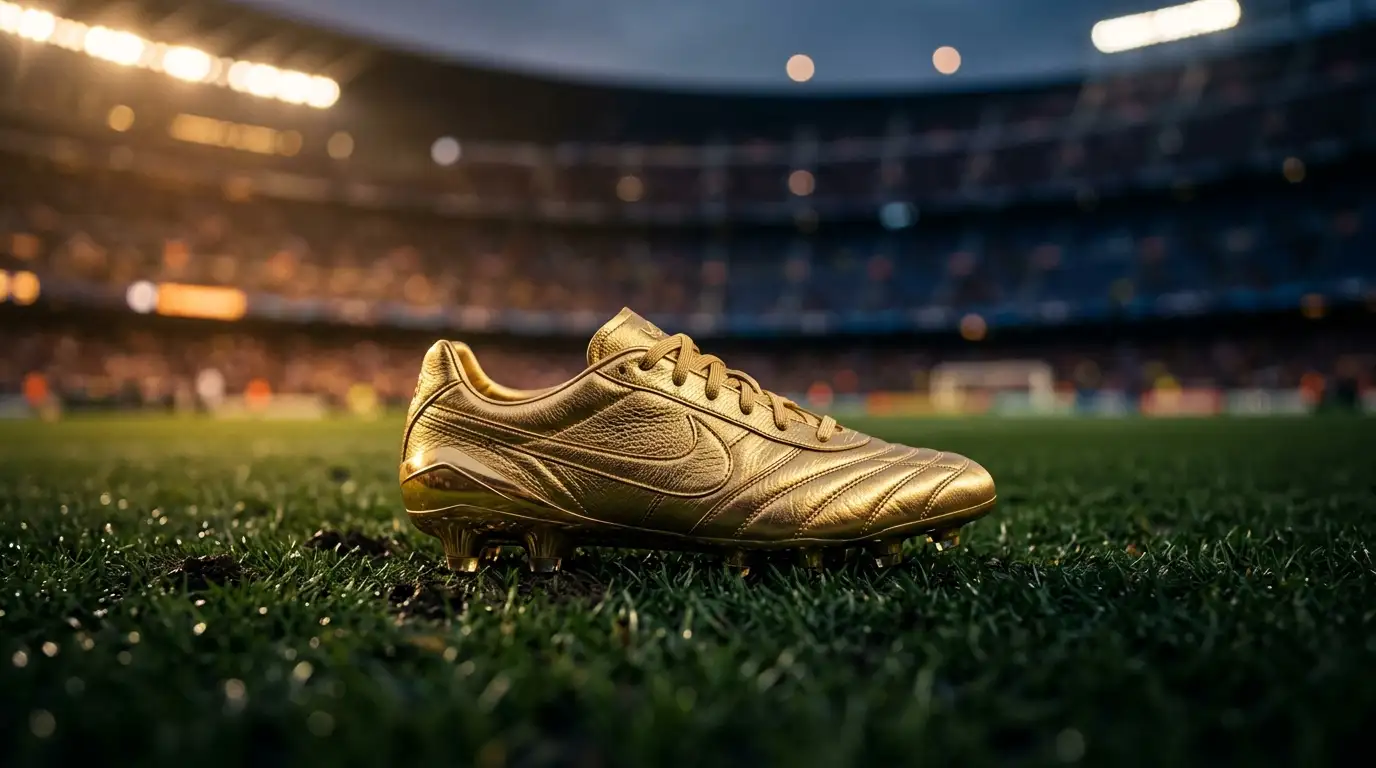 Golden football boot concept on a dark background with stadium lighting