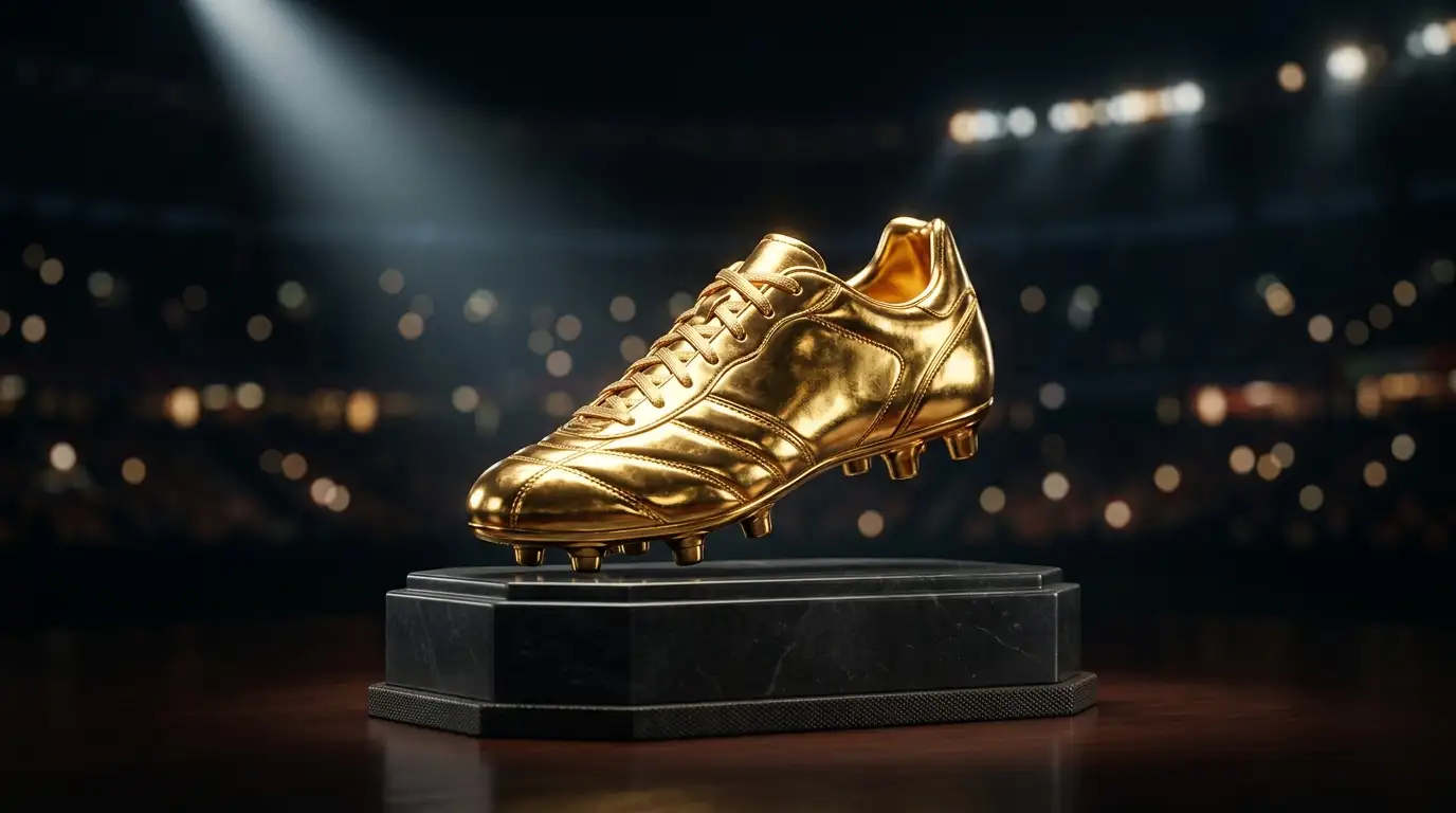 Golden football boot trophy on a plinth under a spotlight against a dark stadium backdrop