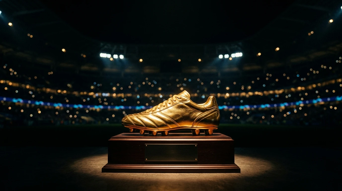 Golden football boot trophy on a plinth under a spotlight against a dark stadium backdrop