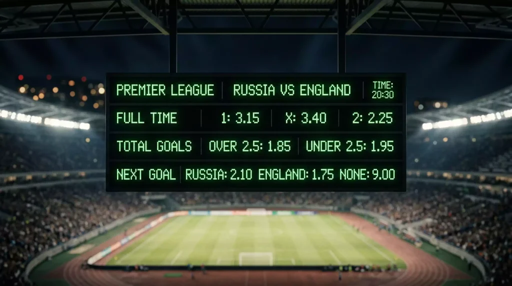 Digital display board showing fluctuating World Cup betting odds across multiple markets