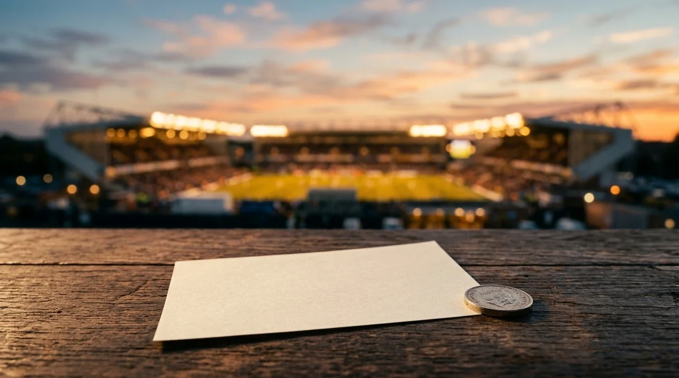 Betting slip and coin on a table beside a floodlit stadium at dusk