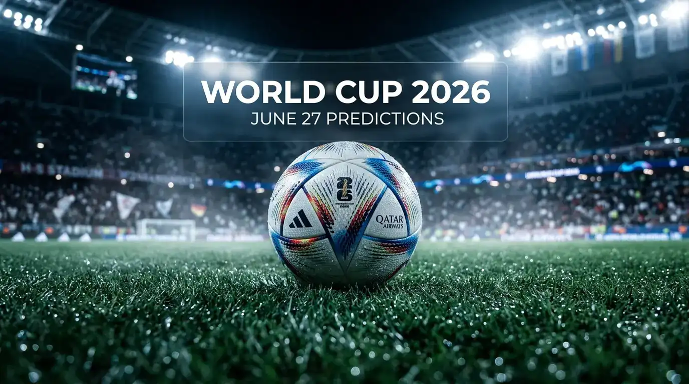 Match-day graphic showing six World Cup 2026 group-stage fixtures for 27 June