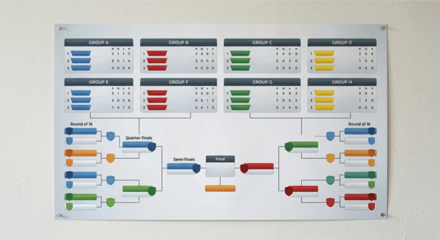 Wall chart tracking World Cup group standings and knockout qualification