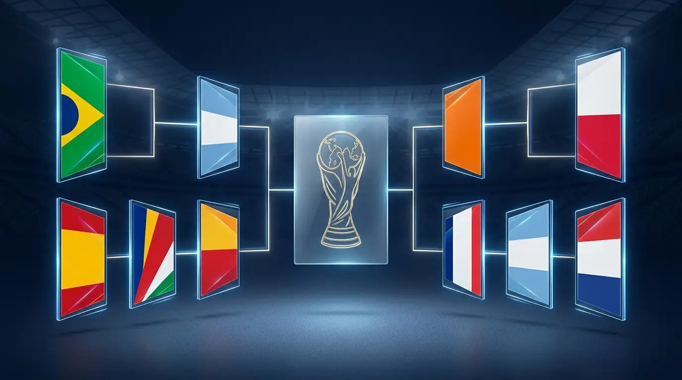 Knockout bracket graphic showing eight national flags on a floodlit stadium background