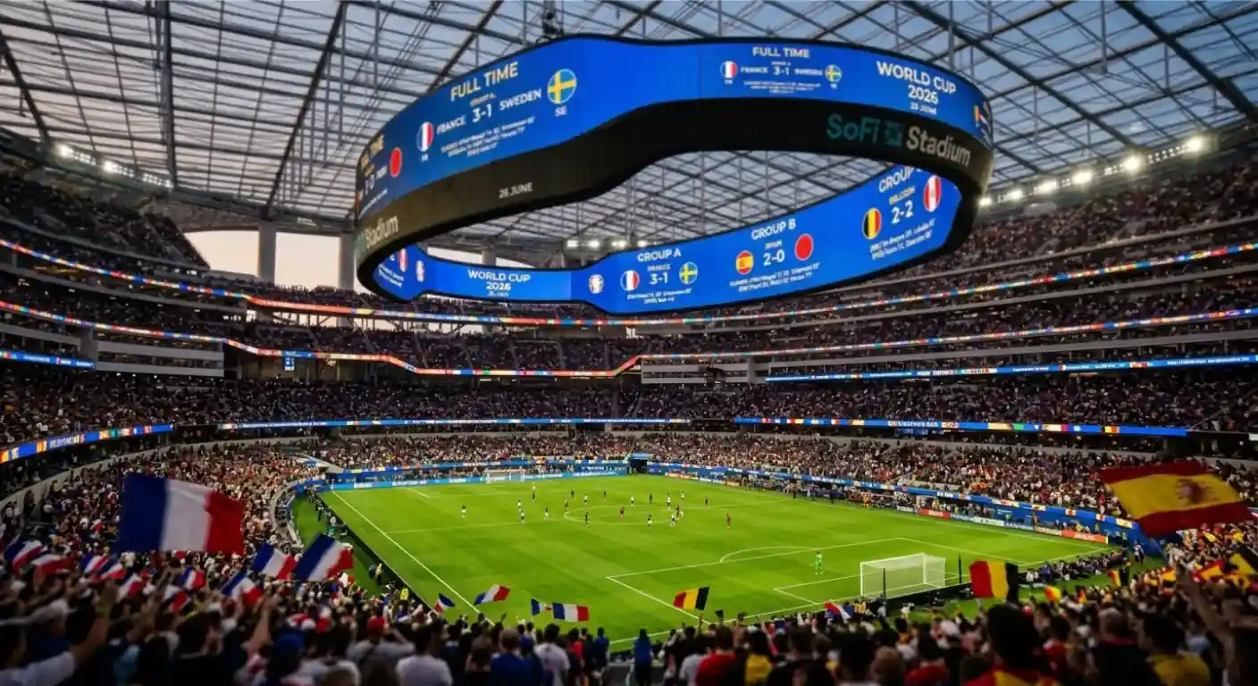 Stadium scoreboard showing full-time World Cup 2026 group-stage results on 26 June