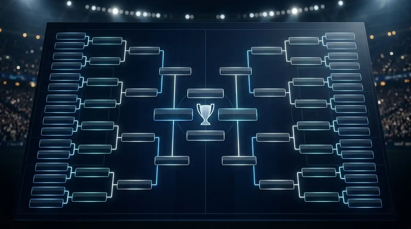 Knockout bracket concept fanning out on a dark background with stadium lighting