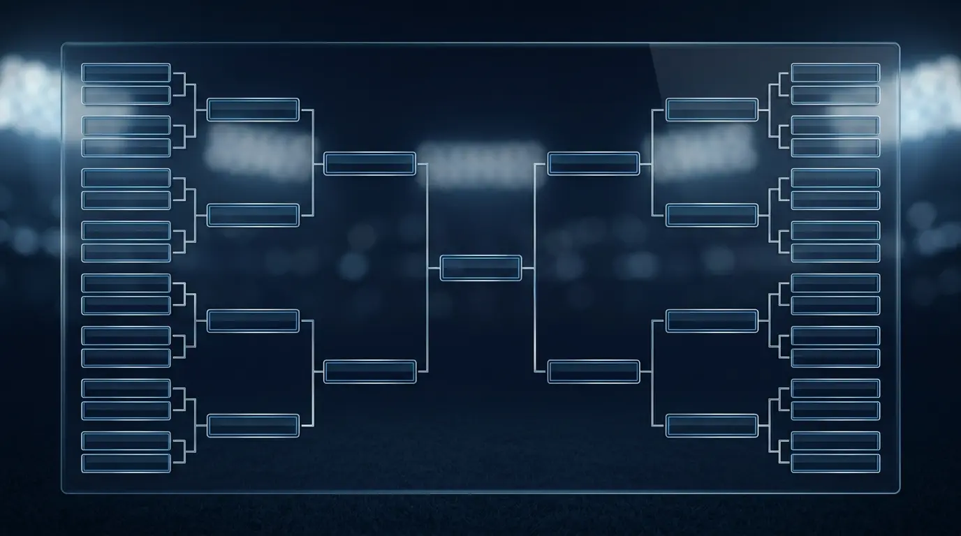 Knockout bracket graphic on a dark background with stadium lighting