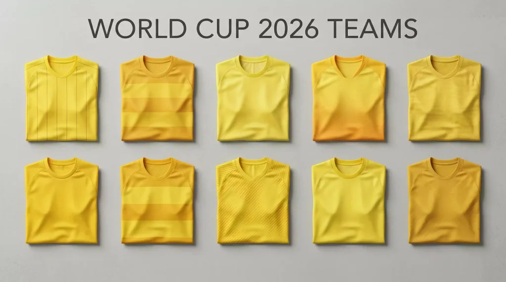 Collage of national team jerseys and flags representing the forty-eight qualified nations for the 2026 FIFA World Cup